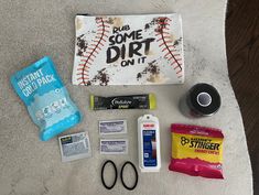 Baseball Survival Kit, Honey Stinger, Antibiotic Ointment, Electrolyte Powder, Powder Drink, Energy Smoothies, Pre Wrap, Personalized Canvas, Cold Pack