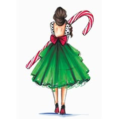 a watercolor painting of a woman in a green dress holding a candy cane and wearing red shoes