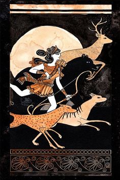 an ancient painting with a woman riding on a deer