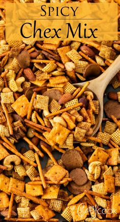 a pile of chex mix with a wooden spoon in it and the title overlay reads spicy chex mix