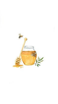 a painting of a jar of honey with a bee on it and a wooden spoon