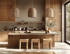 a kitchen with wooden cabinets and stools next to an open door that leads outside