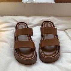 Material: Vegan Leather Run small, please review the sizing information Womens Slippers Leather, Basic Shoes Aesthetic, Simple Platform Sandals, Cute Beach Sandals, Trendy Flat Sandals For Everyday, Brown Trendy Sandals For Everyday Wear, Trendy Brown Sandals For Everyday, Trendy Brown Everyday Sandals, Cute Brown Summer Sandals