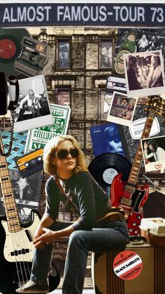 a woman sitting on top of a chair next to a guitar and record album cover