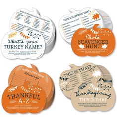 four thanksgiving coasters with the words what's your turkey name? and an orange pumpkin