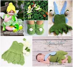 crocheted baby booties and hats are featured in this collage with photos of babies