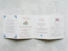 an open brochure on a white wall with blue trimmings and designs