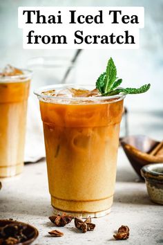 there is a book cover with two drinks in it and the title that reads, thai tea from scratch