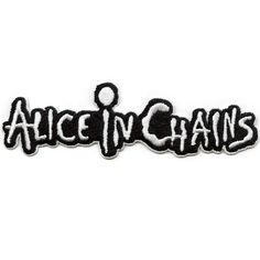 an embroidered patch with the word alice in chains on it's bottom and black letters above