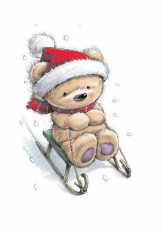 a drawing of a teddy bear in a santa hat on a sled with snow