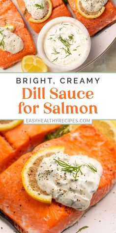 grilled salmon with dill sauce and lemon wedges