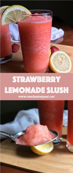 strawberry lemonade slushh recipe on a wooden table