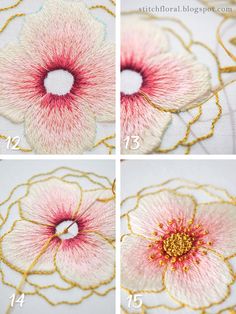 four pictures showing how to make an embroidered flower with thread and gold trimmings