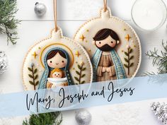 two christmas ornaments with the words merry joseph and jesus