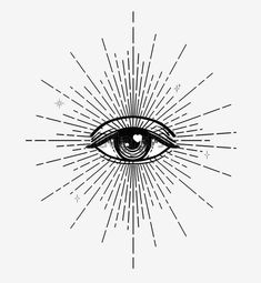 an all seeing eye with rays coming out from the iris, in black and white