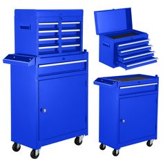 the blue tool cabinet is on wheels and there are several drawers in front of it