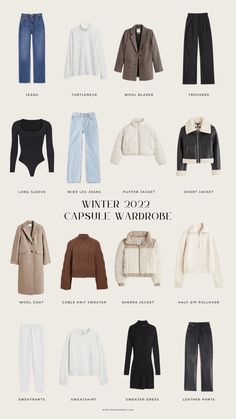 Winter 2022 Capsule Wardrobe + Outfit Ideas | Erika Marie Clothes You Need For Winter, Winter Outfits Capsule Wardrobe 2023, Essentials For Winter Clothing, Korean Winter Capsule Wardrobe, Canada Capsule Wardrobe, Winter Travel Outfit Capsule, Essential Winter Wardrobe, Basics For Winter Wardrobe, Winter Closet Aesthetic