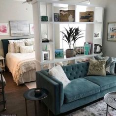 a living room filled with furniture and lots of shelves on the wall above it's headboard