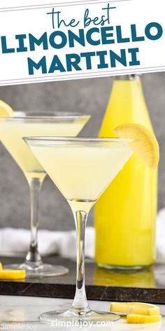 the best limocello martini recipe with lemon wedges in coupe glasses and bottle