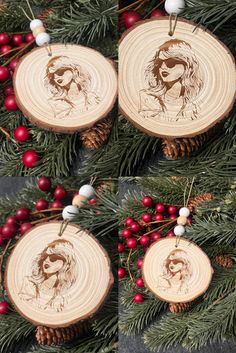 three wooden ornaments with the faces of two women on them, hanging from pine branches