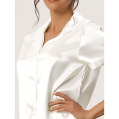 Basic button-down set, roll-up cuffs, shiny silky satin fabric, smooth and soft. Made from a little sheen satin, this basic button-down shirt and shirt set offers you comfort and casual loungewear. Solid color and basic design make this pajama set classic and timeless for everyday wear. Perfect gift for all ladies when at home or enjoying a cozy lounging time. These sets suit nightwear, sleeping, slumber parties, girls' day, indoor, etc. Collared Satin Blouse For Daywear, Satin Collared Blouse For Daywear, Satin Top With Button Closure, Solid Satin Top With Button Closure, Summer Satin Blouse With Button Closure, Elegant Satin Sleepwear With Short Sleeves, Elegant Short Sleeve Satin Sleepwear, Elegant Short Sleeve Sleep Tops, Collared Satin Top In Solid Color