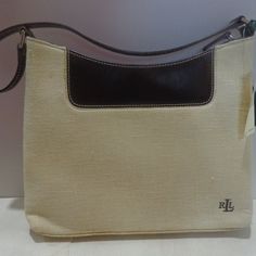 Vintage Lauren Ralph Lauren New With Tag Jute Linen Womens Handbag Rare!! Casual Satchel With Leather Trim For Shopping, Tan Leather Trim Shoulder Bag, Tan Shoulder Bag With Leather Trim, Ralph Lauren Satchel For Everyday Use, Cream Shoulder Bag With Leather Trim For Shopping, Casual Tan Bag With Leather Trim, Casual Leather Trim Bags For Shopping, Classic Ralph Lauren Shoulder Bag, Casual White Bags With Leather Trim