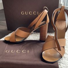 Gucci Sandals In Camel Color, Block Heel 4.1” Soft Leather, Leather Sole. Made In Italy. Come With Original Travel Bag And Gucci Box. Perfect Condition, They Look Brand New Except For Bottom. Worn Once Only. Original Price $864 Gucci Open Toe Calf Leather Sandals, Gucci Calf Leather Open Toe Sandals, Gucci Luxury Brown Sandals, Gucci Calf Leather Sandals With Heel Strap, Gucci Calf Leather Sandals For Evening Wear, Elegant Gucci Calf Leather Sandals, Gucci Leather Sandals With Branded Heel Counter, Gucci Ankle Strap Leather Sandals, Gucci Block Heels In Calf Leather