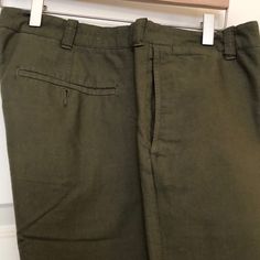 Army Green Cotton Chinos. 770’s. Vintage Wide Leg Linen Bottoms, Casual Linen Flat Front Bottoms, Classic Green Bottoms With Straight Hem, Classic Green Bottoms With Welt Pockets, Vintage Green Relaxed Fit Bottoms, Green Relaxed Fit Vintage Bottoms, Vintage Bottoms With Pockets And Straight Hem, Green Vintage Relaxed Fit Bottoms, Fitted Vintage Linen Bottoms