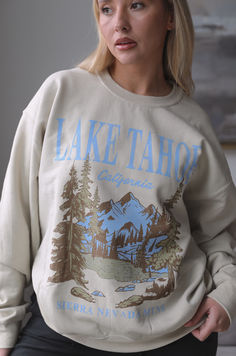 Lake Tahoe graphic sweatshirt Beige Graphic Print Sweatshirt For Fall, Fall Graphic Print Beige Sweatshirt, Fall Beige Graphic Print Sweatshirt, Beige Crew Neck Sweatshirt With Graphic Print, Cream Crew Neck Sweater With Graphic Print, Cream Graphic Print Crew Neck Sweater, Cream Graphic Print Sweatshirt For Loungewear, Cream Crew Neck Sweatshirt With Graphic Print, Cabin Sweatshirt