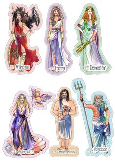 four stickers with different types of women and men in their outfits, one is holding a