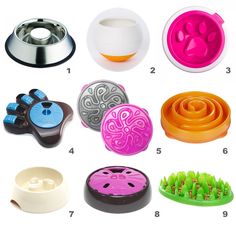 several different types of dog bowls and brush attachments