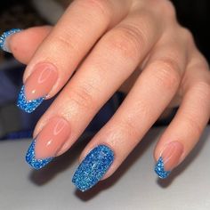 Blue Sparkly Nail Ideas, Hoco Nails Coffin, Blue Topaz Nails, Royal Blue Sparkle Nails, Blue Hoco Nails, Blue Nails Glitter, Blue Prom Nails, Hoco Nails, Blue Glitter Nails