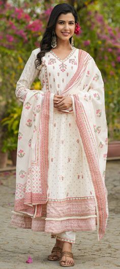 White and Off White color Salwar Kameez in Cotton fabric with Embroidered, Printed, Resham, Sequence, Thread work White Straight Kurta Dress For Reception, White Mulmul Sharara With Zari Work, White Unstitched Mulmul Sharara, White Straight Kurta For Reception, White Semi-stitched Anarkali Set With Pallu, White Mulmul Anarkali Set With Traditional Drape, White Churidar With Resham Embroidery For Reception, White Bollywood Sharara In Mulmul, White Kurta With Cutdana For Reception