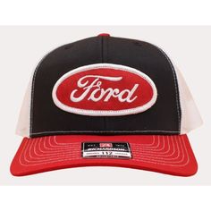 Hat Features Red And White Embroidered Oval Ford Logo Patch On A Black / White / Red Mesh Back Premium Richardson 112 Snapback Trucker Hat Structured, Six-Panel, Mid-Profile 60/40 Cotton/Polyester, 100% Polyester Mesh Back Pre-Curved Contrast Stitched Visor Classic Ford Script Logo Embroidered Patch Underbill Matches The Color Of Visor All Hats Are Packed In A Poly Bag And Shipped In A Box For Protection. Classic Red Hat With Embroidered Logo, Classic Red Trucker Hat, Red Trucker Hat With Embroidered Logo And Curved Brim, Classic Red Baseball Cap With Curved Bill, Classic Red Snapback Hat With Curved Brim, Classic Red Curved Bill Hat, Classic Red Hat With Curved Bill, Red Trucker Hat With Embroidered Logo And Flat Brim, Classic Red Baseball Cap With Flat Brim