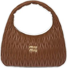 Luxury Brown Miu Miu Shoulder Bag, Miu Miu Brown Shoulder Bag For Everyday, Brown Miu Miu Double Handle Shoulder Bag, Miu Miu Brown Double Handle Shoulder Bag, Miu Miu Brown Shoulder Bag With Double Handle, Brown Miu Miu Shoulder Bag With Gold-tone Hardware, Elegant Brown Miu Miu Bag, Brown Leather Miu Miu Shoulder Bag, Brown Luxury Shoulder Bag With Logo