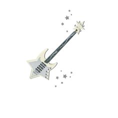 an electric guitar shaped like a star is flying through the air with stars around it