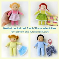 four dolls with different patterns and colors are shown in the same image, including one doll