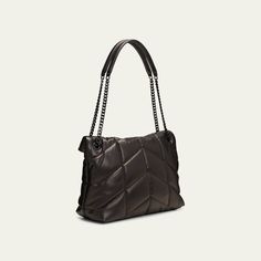 Saint Laurent shoulder bag in quilted nylon and leather. Leather and chain shoulder strap, 11" - 18" drop; can be doubled. Envelop flap top with snap closure. Tonal YSL logo hardware. Black hardware. Interior, one zip pocket. Approx. 9"H x 13"W x 5"D. Made in Italy. Formal Quilted Tote Shoulder Bag, Quilted Tote Bag For Evening, Quilted Tote Shoulder Bag For Evening, Quilted Evening Shoulder Tote Bag, Evening Quilted Tote Shoulder Bag, Formal Quilted Satchel Shoulder Bag, Quilted Shoulder Flap Bag For Evening, Quilted Evening Flap Shoulder Bag, Quilted Business Shoulder Bag