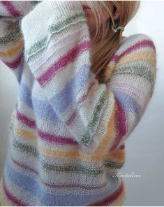 "Rainbow Pastel Sweater. Soo airy, super delicate.  ▫️Loose fit. ▪️Casual style. ▫️Soft and airy yarn. ▪️Consists of kidmohair and soft alpaca on silk. ▫️Width: approx 55 cm/22\"  Length: 65 cm/25 1/2 \" 💭 You can change the colors of the stripes. Write me in a personal message your preferences and I help you with the choice. The base of the milk sweater can also be replaced with another color. Write in private, I will help with this. Welcome! ❤ Have a look to more sweaters here: https://www.et Pastel Sweater Aesthetic, Pastel Fall Outfits, Sweater Colorful, Pastel Sweater, Rainbow Pastel, Sweater Striped, Oversize Sweater, Cardigan Style, Mohair Sweater