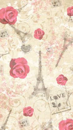 the eiffel tower with pink roses on it is shown in this vintage photo