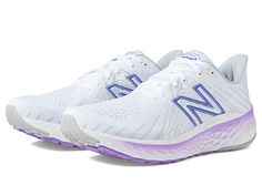 New Balance Fresh Foam X Vongo v5 - Women's Shoes : White/Electric Purple : Enjoy a stable ride during your next run in the New Balance Fresh Foam X Vongo v5 sneakers. Traditional lace-up closure offers a secure fit. Classic round toe silhouette. Fresh Foam X midsole delivers a cushioned Fresh Foam experience for incredible comfort. Hypoknit upper designed to provide strategic areas of stretch and support. Removable insole. Branding on upper. Textile and synthetic upper. Textile lining and insol Purple Running Shoes, Athletic Fit Running Shoes With Arch Support, Training Running Shoes With Gel Cushioning, New Balance Walking Shoes With Gel Cushing For Running, New Balance Dynamic Running Shoes With Gel Cushioning, Dynamic New Balance Running Shoes With Gel Cushioning, Athleisure Running Shoes With Arch Support And Round Toe, New Balance Running Shoes With Gel Cushioning, New Balance Walking Shoes With Gel Cushioning