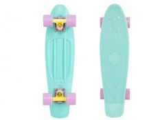 the skateboard is blue and pink with two wheels on each side, one has yellow spokes