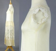 Vintage 1920s Cream Satin Lace Dress, 20s Dress, 1920s Wedding Dress