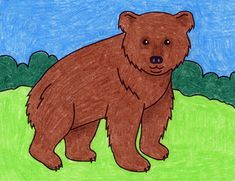 a drawing of a brown bear standing in the grass