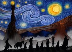 the starry night with silhouettes of people and horses in front of them,