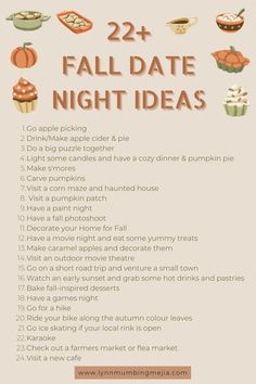 the fall date night ideas list with pumpkins and cupcakes on it,