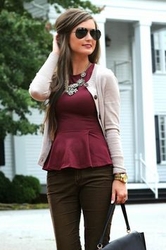 Wear to Work || wine peplum top, statement necklace on forallthingslovely.com Work Attire, Work Fashion, Fall Winter Outfits, Look Chic, The Professional