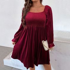 Elevate your autumn and winter wardrobe with our Plus Size Square Collar Elegant Dress in a stunning wine red hue. This beautifully designed midi dress combines sophistication with a flattering high-waist cut, ideal for enhancing your natural curves while providing comfort. The square collar offers a touch of vintage elegance, drawing attention to your neckline, while the ruched detailing adds texture and a slimming effect, creating a figure-enhancing silhouette.Crafted from soft, high-quality fabric, this mid-length dress is perfect for cooler weather, ensuring warmth without sacrificing style. The ruched design at the waist offers a tailored fit, making it an excellent choice for both formal occasions and casual gatherings. Whether you’re attending a dinner party, a business event, or a Winter Ruched Midi Dress For Date Night, Winter Midi Dress For Date Night With Ruched Detail, Winter Date Night Midi Dress With Ruched Detail, Winter Date Night Ruched Midi Dress, Burgundy Midi Dress For Winter, Winter Burgundy Midi Knee-length Dress, Winter Burgundy Midi Dress Knee-length, Casual Burgundy Midi Dress For Fall, Chic Burgundy Midi Dress For Winter