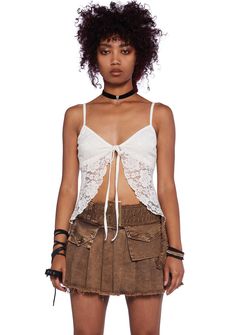 | Nude Crop Top, Tie Front Cami Top, Cami Crop Top With Lace Trim, Spring Lace Patchwork Cami Top, White Lace Patchwork Cami Top, Feminine Tie-back Cami Top, Halloween Costume Boots, Current Mood Clothing, Layered Mini Skirt