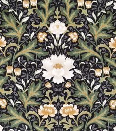 an intricately designed wallpaper with white flowers and green leaves on black, gold and grey colors